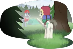 Size: 2106x1415 | Tagged: safe, artist:equestriaexploration, derpibooru import, lucky breaks, starry skies, pony, atg 2022, forest, grass, hat, image, newbie artist training grounds, png, simple background, tent, transparent background, tree