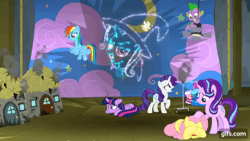 Size: 640x360 | Tagged: safe, derpibooru import, screencap, applejack, fluttershy, rainbow dash, rarity, spike, starlight glimmer, trixie, twilight sparkle, twilight sparkle (alicorn), alicorn, dragon, earth pony, pegasus, pony, unicorn, horse play, season 8, spoiler:s08, animated, applejack's hat, cape, clothes, cowboy hat, female, flying, gif, gifs.com, hat, image, male, mare, open mouth, open smile, smiling, spread wings, trixie's cape, trixie's hat, wings