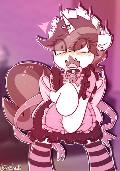 Size: 837x1190 | Tagged: safe, artist:llametsul, derpibooru import, shining armor, pony, unicorn, bell, bipedal, blurry background, blushing, blushing profusely, clothes, crossdressing, cute, dress, eye clipping through hair, femboy, floppy ears, image, maid, maid headdress, male, monochrome, png, ribbon, scared, shining femboy armor, signature, socks, solo, stallion, surprised