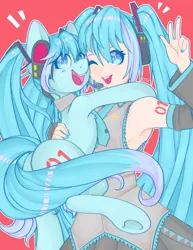 Size: 2975x3850 | Tagged: safe, artist:waifucartel, derpibooru import, ponified, earth pony, human, pony, hatsune miku, holding a pony, human ponidox, image, jpeg, one eye closed, open mouth, open smile, peace sign, self paradox, self ponidox, smiling, underhoof, vocaloid, wink