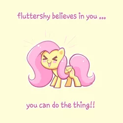 Size: 4000x4000 | Tagged: safe, artist:confetticakez, derpibooru import, fluttershy, pegasus, pony, blushing, cheering, cute, eyes closed, female, image, mare, motivational, open mouth, png, positive message, positive ponies, shyabetes, simple background, solo, yellow background