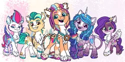 Size: 1280x641 | Tagged: safe, artist:malinraf1615, derpibooru import, hitch trailblazer, izzy moonbow, pipp petals, sunny starscout, zipp storm, earth pony, pegasus, pony, unicorn, bag, belt, chest fluff, ear fluff, female, fluffy, freckles, g5, grin, image, jewelry, jpeg, leg fluff, leonine tail, male, mane five (g5), mare, markings, necklace, open mouth, redesign, siblings, sisters, smiling, stallion, tail, unshorn fetlocks