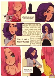 Size: 1087x1537 | Tagged: suggestive, artist:x-arielle, derpibooru import, fluttershy, rarity, human, art pack:poni parade, comic:mine, bra, bra strap, clothes, comic, dialogue, female, flarity, humanized, image, jpeg, lesbian, off shoulder, off shoulder sweater, open clothes, open shirt, shipping, sweater, underwear