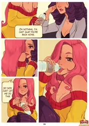 Size: 1087x1537 | Tagged: suggestive, artist:x-arielle, derpibooru import, fluttershy, rarity, human, art pack:poni parade, comic:mine, bottle, bra, breasts, cleavage, clothes, comic, dialogue, drinking, eating, female, flarity, humanized, image, jpeg, lesbian, off shoulder, off shoulder sweater, shipping, suggestive eating, sweater, underwear, water bottle