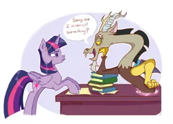 Size: 1280x916 | Tagged: safe, artist:cerchionero, derpibooru import, discord, twilight sparkle, alicorn, draconequus, pony, annoyed, ask, book, desk, duo, female, hand on hip, image, jpeg, leaning, male, mare, simple background, speech bubble, trolling