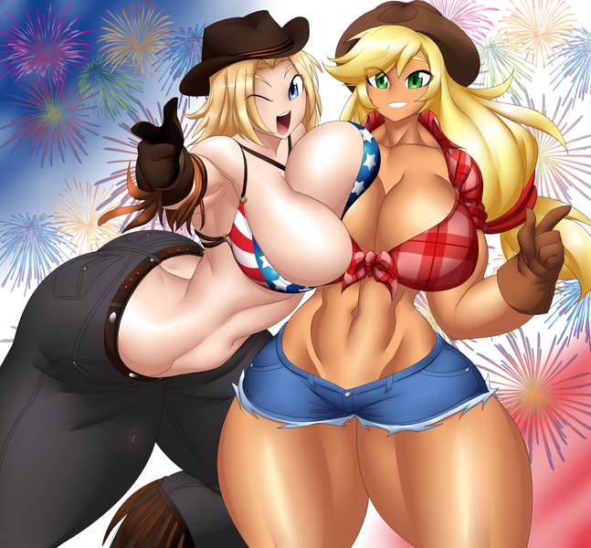 Size: 3000x2780 | Tagged: suggestive, artist:kai lyn, derpibooru import, applejack, human, abs, american flag, american flag bikini, belly button, big breasts, breast squish, breasts, busty applejack, cleavage, clothes, cowboy hat, cowgirl, dead or alive, denim, duo, duo female, female, females only, finger gun, fireworks, flag, gloves, hat, image, jeans, looking at you, one eye closed, open mouth, open smile, pants, png, shorts, smiling, thighs, thunder thighs, tina armstrong