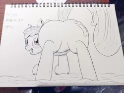 Size: 1024x764 | Tagged: safe, artist:phoenixperegrine, derpibooru import, apple bloom, earth pony, pony, bloom butt, butt, featureless crotch, female, filly, foal, image, jpeg, looking at you, looking back, looking back at you, photo, sketch, solo, traditional art