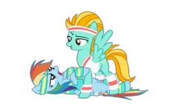 Size: 2732x1755 | Tagged: safe, artist:xcosmicghostx, derpibooru import, lightning dust, rainbow dash, pegasus, pony, bedroom eyes, clothes, duo, female, headband, image, lesbian, lying down, mare, on back, open mouth, pinned down, png, rainbowdust, shipping, simple background, sweatband, tanktop, transparent background