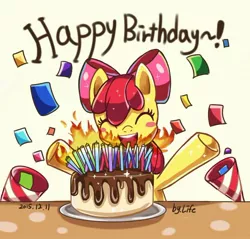 Size: 720x687 | Tagged: safe, artist:hp770012, derpibooru import, apple bloom, earth pony, pony, adorabloom, blushing, cake, candle, cute, eyes closed, female, filly, foal, food, happy, happy birthday, image, jpeg, party popper, solo, text
