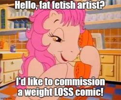 Size: 608x500 | Tagged: suggestive, derpibooru import, edit, edited screencap, editor:icicle-wicicle-1517, screencap, patch (g1), earth pony, pony, my little pony tales, bipedal, caption, dc comics, female, g1, image, image macro, imgflip, implied weight gain, jpeg, lidded eyes, mare, meme, phone, plotting, ponified meme, pure unfiltered evil, text, the joker, trolling