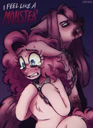 Size: 1176x1620 | Tagged: semi-grimdark, artist:graveng, derpibooru import, pinkie pie, earth pony, pony, fanfic:cupcakes, blood, blushing, chained, chains, chest fluff, collar, image, monster (song), pinkamena diane pie, png, skillet (band), song reference, sweat, teary eyes, text