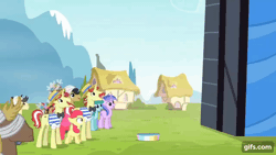 Size: 640x360 | Tagged: safe, derpibooru import, screencap, apple bloom, flam, flim, granny smith, earth pony, pony, unicorn, leap of faith, season 4, animated, apple bloom's bow, bow, brothers, female, filly, flim flam brothers, foal, gif, gifs.com, hair bow, image, male, mare, open mouth, siblings, stallion