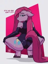 Size: 1599x2118 | Tagged: suggestive, alternate version, artist:deathzera, derpibooru import, pinkie pie, anthro, earth pony, unguligrade anthro, abstract background, ass, balloonbutt, breasts, butt, clothes, cutie mark, female, gloves, image, jpeg, latex, latex suit, leotard, looking at you, looking back, open mouth, pinkamena diane pie, presenting, simple background, solo, solo female, squatting, talking to viewer, text