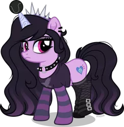 Size: 7000x7195 | Tagged: safe, artist:n0kkun, derpibooru import, izzy moonbow, pony, unicorn, alternate hairstyle, ball, boots, choker, clothes, ear piercing, earring, eyeshadow, female, fishnets, g5, goth, goth izzy, hairband, horn, hornball, image, izzy's tennis ball, jewelry, makeup, mare, nose piercing, piercing, png, raised leg, shirt, shoes, simple background, socks, solo, striped socks, t-shirt, tennis ball, transparent background