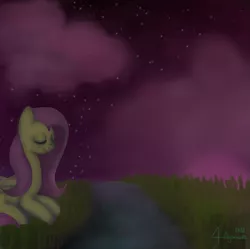 Size: 1217x1213 | Tagged: safe, artist:4agonism, derpibooru import, fluttershy, pegasus, pony, cute, daaaaaaaaaaaw, eyes closed, grass, image, lying down, meditating, pink sky, png, relaxing, river, shading, shyabetes, signature, smiling, stream, sunset, water, watermark