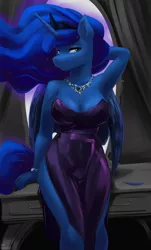 Size: 2981x4950 | Tagged: safe, artist:kelkessel, derpibooru import, princess luna, alicorn, anthro, arm behind head, black dress, breasts, busty princess luna, cleavage, clothes, crown, dress, ethereal mane, ethereal tail, female, horn, image, jewelry, looking at you, necklace, png, regalia, solo, stupid sexy princess luna, tail, wings