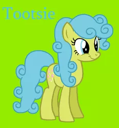 Size: 610x656 | Tagged: safe, artist:jigglewiggleinthepigglywiggle, derpibooru import, tootsie, earth pony, pony, adorable face, blue eyes, blue hair, blue mane, blue tail, blue text, curly hair, curly mane, curly tail, cute, diatoots, female, g1, g1 to g4, g4, generation leap, green background, image, mare, png, simple background, smiling, solo, tail, text