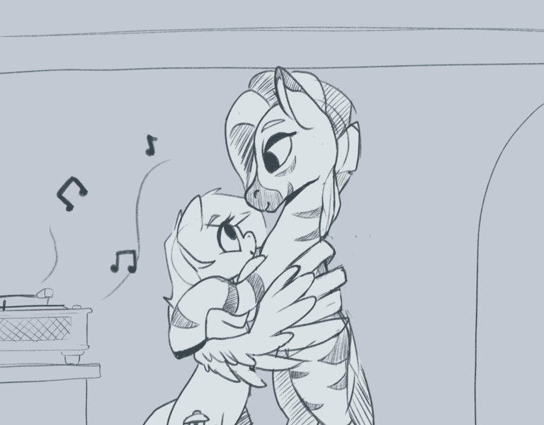 Size: 1920x1500 | Tagged: safe, artist:storyteller, derpibooru import, oc, oc:iin, oc:rowdy spout, pegasus, zebra, dancing, grayscale, height difference, hug, image, monochrome, music notes, png, shipping, sketch, standing, winghug, wings