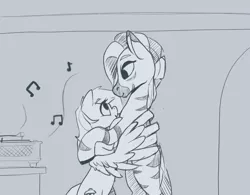 Size: 1920x1500 | Tagged: safe, artist:storyteller, derpibooru import, oc, oc:iin, oc:rowdy spout, pegasus, zebra, dancing, grayscale, height difference, hug, image, monochrome, music notes, png, shipping, sketch, standing, winghug, wings