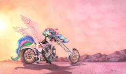 Size: 1900x1116 | Tagged: safe, artist:baron engel, derpibooru import, princess celestia, alicorn, pony, biker, butt, female, image, jpeg, leather vest, looking at you, looking back, looking back at you, mare, motorcycle, plot, rear view, smiling, smiling at you, solo, spread wings, sunbutt, traditional art, wing hole, wings