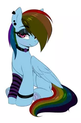 Size: 1982x3000 | Tagged: safe, artist:ask-colorsound, color edit, derpibooru import, edit, editor:maonyman, rainbow dash, pegasus, pony, blushing, bracelet, choker, colored, ear piercing, emo, eyeshadow, image, jewelry, lidded eyes, looking at you, makeup, monochrome, neo noir, partial color, piercing, png, simple background, sock, solo, underhoof, white background