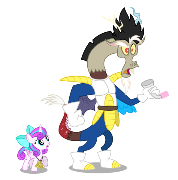 Size: 1920x1942 | Tagged: safe, artist:aleximusprime, derpibooru import, discord, princess flurry heart, saiyan, flurry heart's story, armor, boots, clothes, crossover, dragon ball, dragon ball z, funny, gloves, image, over 9000, pendant of restoration, png, pop culture reference, reference, reference to another series, scorpan's necklace, scouter, shoes, spikey mane, spiky hair, tirek vs scorpan, vegeta