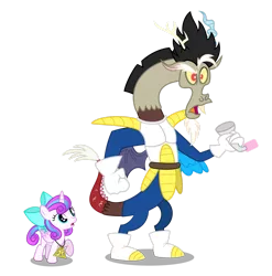 Size: 1920x1942 | Tagged: safe, artist:aleximusprime, derpibooru import, discord, princess flurry heart, saiyan, flurry heart's story, armor, boots, clothes, crossover, dragon ball, dragon ball z, funny, gloves, image, over 9000, pendant of restoration, png, pop culture reference, reference, reference to another series, scorpan's necklace, scouter, shoes, spikey mane, spiky hair, tirek vs scorpan, vegeta