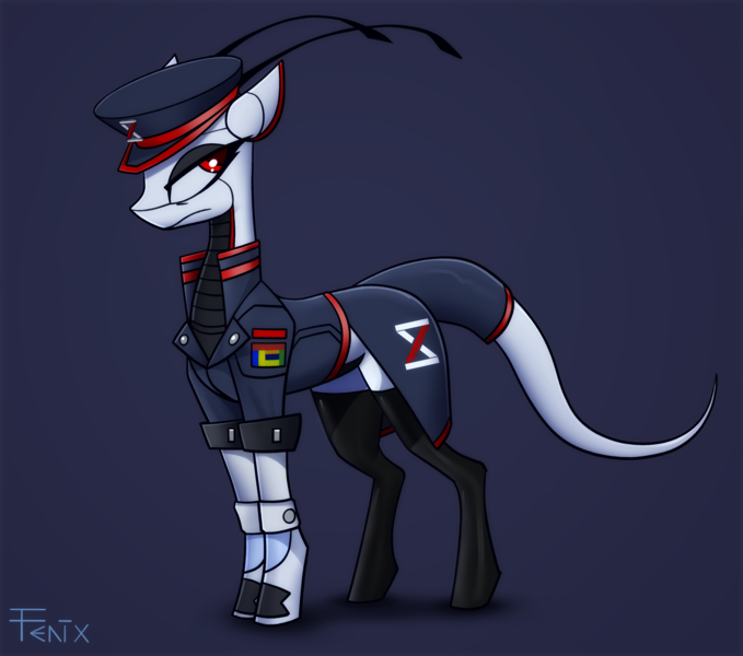 Size: 3600x3181 | Tagged: safe, artist:fenixdust, derpibooru import, oc, oc:xr-47 primax, android, pony, robot, antenna, black socks, boots, clothes, commander, formal, formal wear, futuristic, hat, image, logo, machine, mecha, mechanic, military, military uniform, png, red eyes, shoes, simple background, socks, standing, suit, tail, thigh highs, uniform, xenestra corporation