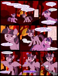 Size: 1042x1358 | Tagged: safe, artist:dendoctor, derpibooru import, mean twilight sparkle, twilight sparkle, twilight sparkle (alicorn), alicorn, pony, comic:clone.., alternate universe, comic, female, fire, g4, image, jpeg, self paradox, self ponidox, tree