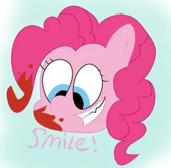 Size: 1518x1490 | Tagged: safe, artist:m37, derpibooru import, pinkie pie, earth pony, pony, bust, female, image, png, portrait, simple background, smiling, solo, solo female