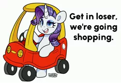 Size: 4000x2737 | Tagged: safe, artist:partylikeanartist, derpibooru import, rarity, pony, unicorn, bipedal, cozy coupe, dialogue, female, get in loser, image, jpeg, mare, simple background, solo, talking to viewer, white background