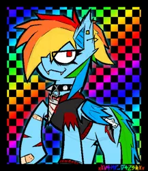 Size: 1524x1755 | Tagged: semi-grimdark, artist:xxv4mp_g4z3rxx, derpibooru import, rainbow dash, bat pony, alternate cutie mark, alternate design, alternate hairstyle, bandage, bat wings, blood, blue coat, broken horn, checkered background, closed mouth, clothes, collar, cut, ear piercing, ear tufts, fangs, folded wings, gauges, hoodie, horn, horn necklace, image, jewelry, kinsona, multicolored hair, necklace, piercing, png, race swap, rainbow background, rainbow hair, rainbow tail, raised hoof, red eyes, signature, spiked collar, tail, wings