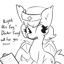 Size: 2250x2250 | Tagged: safe, artist:tjpones, derpibooru import, oc, unofficial characters only, bat pony, pony, bat pony oc, bat wings, black and white, clipboard, fangs, female, grayscale, hat, image, lisp, mare, monochrome, nurse, nurse hat, png, simple background, solo, white background, wings