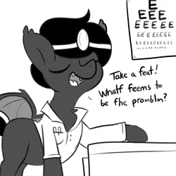 Size: 2250x2250 | Tagged: safe, artist:tjpones, derpibooru import, oc, oc:doctor fangf, unofficial characters only, bat pony, pony, bat pony oc, bat wings, black and white, doctor, eyes closed, grayscale, image, lisp, male, monochrome, png, solo, stallion, talking to viewer, wings