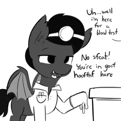 Size: 2250x2250 | Tagged: safe, artist:tjpones, derpibooru import, oc, oc:doctor fangf, pony, black and white, clothes, dialogue, doctor, fangs, gloves, grayscale, image, lisp, male, monochrome, offscreen character, png, rubber gloves, solo, stallion