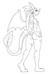 Size: 2500x3500 | Tagged: suggestive, artist:imposter dude, derpibooru import, princess ember, dragon, butt, cute, dragon butt, dragon lord ember, dragoness, emberbetes, female, image, lineart, looking at you, looking back, png, simple background, smiling, smiling at you, white background