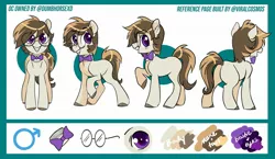 Size: 2048x1186 | Tagged: safe, artist:opalacorn, derpibooru import, oc, oc:phutashi, earth pony, pony, 3/4 view, bowtie, brown mane, colored hooves, front view, full body, glasses, happy, image, jpeg, looking at you, looking away, male, missing cutie mark, no cutie marks yet, purple eyes, raised hoof, rear view, reference, reference sheet, side view, smiling, smiling at you, solo, standing