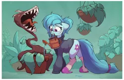 Size: 1958x1261 | Tagged: safe, artist:rexyseven, derpibooru import, oc, oc:whispy slippers, unofficial characters only, earth pony, pony, carnivorous plant, female, image, mare, plant, png, solo, watering can