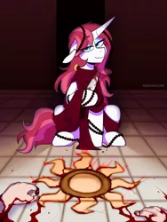 Size: 930x1234 | Tagged: grimdark, artist:redxbacon, derpibooru import, oc, oc:haemella, pony, unicorn, commission, image, png, ritual, sacrifice, solo