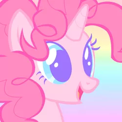 Size: 600x600 | Tagged: safe, derpibooru import, pinkie pie, pony, unicorn, cover art, female, image, open mouth, open smile, png, race swap, rainbow background, single cover, smiling, solo, unicorn pinkie pie