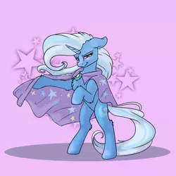 Size: 800x800 | Tagged: safe, alternate version, artist:allyclaw, edit, editor:edits of hate, trixie, pony, unicorn, bipedal, cape, clothes, female, floppy ears, image, looking at you, mare, pink background, png, simple background, solo, trixie's cape
