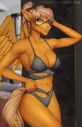 Size: 750x1155 | Tagged: suggestive, artist:winterblack, derpibooru import, oc, unofficial characters only, anthro, pegasus, abs, bedroom eyes, belly button, bra, clothes, commission, detailed background, digital art, door, female, glasses, image, lingerie, muscles, muscular female, panties, pegasus oc, png, pose, solo, spread wings, tail, thighs, underwear, wide hips, wings, ych result