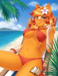 Size: 968x1280 | Tagged: suggestive, artist:winnigrette, derpibooru import, oc, unofficial characters only, anthro, pegasus, beach, beach chair, belly button, bikini, blushing, breasts, clothes, cloud, commission, detailed background, digital art, erect nipples, female, flower, flower in hair, image, jewelry, jpeg, looking at you, necklace, nipple outline, ocean, palm tree, pose, sand, sky, smiling, smiling at you, solo, swimsuit, tail, thighs, tree, water, wide hips, wings, ych result