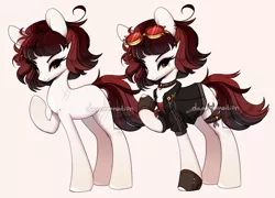 Size: 1280x923 | Tagged: safe, artist:dammmnation, derpibooru import, oc, unofficial characters only, earth pony, pony, choker, clothes, duo, earth pony oc, eyelashes, female, goggles, image, jpeg, mare, raised hoof, simple background