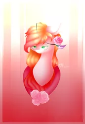 Size: 1100x1600 | Tagged: safe, artist:prettyshinegp, derpibooru import, oc, unofficial characters only, earth pony, pony, abstract background, bust, earth pony oc, female, flower, flower in hair, image, mare, png, signature, smiling, solo