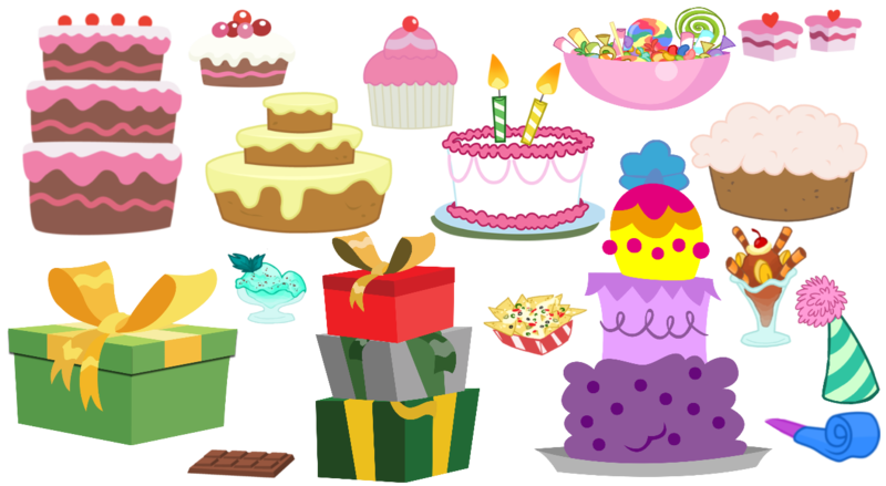 Size: 1280x702 | Tagged: safe, artist:syriskater, derpibooru import, bowl, cake, candle, candy, chips, chocolate, food, hat, ice cream, image, nachos, no pony, party hat, png, present, resource, simple background, sundae, transparent background