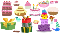 Size: 1280x702 | Tagged: safe, artist:syriskater, derpibooru import, bowl, cake, candle, candy, chips, chocolate, food, hat, ice cream, image, nachos, no pony, party hat, png, present, resource, simple background, sundae, transparent background