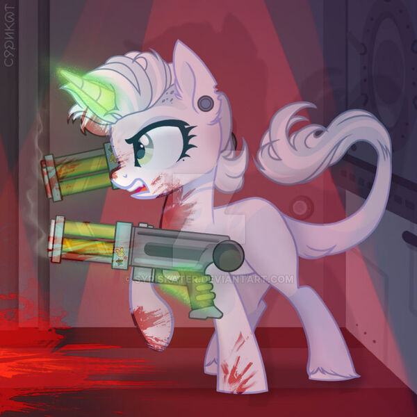 Size: 900x900 | Tagged: safe, artist:syriskater, derpibooru import, oc, unofficial characters only, pony, unicorn, blood, ear piercing, eyelashes, female, glow, glowing horn, gun, horn, image, jpeg, magic, mare, piercing, raised hoof, solo, telekinesis, unicorn oc, weapon