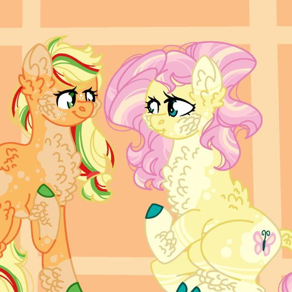 Size: 1280x1280 | Tagged: safe, artist:creativemuffins, derpibooru import, applejack, fluttershy, earth pony, pony, appleshy, female, fluffy, image, lesbian, orange background, png, race swap, shipping, simple background