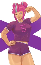 Size: 2134x3354 | Tagged: safe, artist:applephil, derpibooru import, sour sweet, human, breasts, busty sour sweet, clothes, female, flexing, freckles, gym uniform, hand on hip, image, jpeg, muscles, muscular female